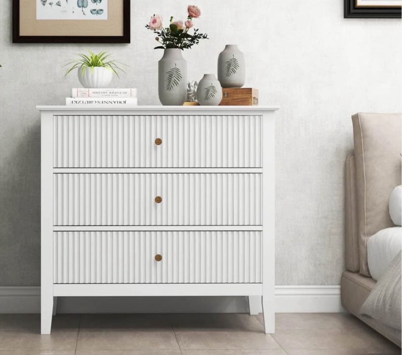 Brand new in box 3 Drawer Dresser, Painted 30 Inch Tall Wood Nightstand with Storage