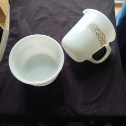 Vintage White PYREX Woodland Brown Print Creamer and Open Sugar Bowl