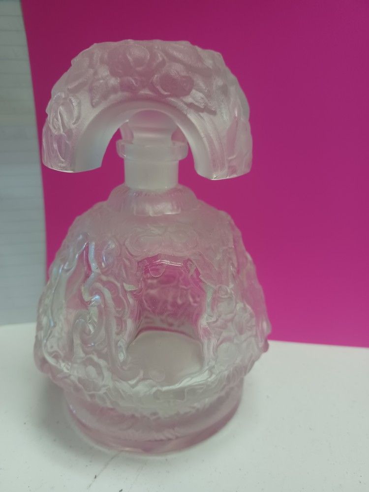 Genuine Vintage Czech Perfume Bottle With Unique Shaped Stopper And Frosted Roses