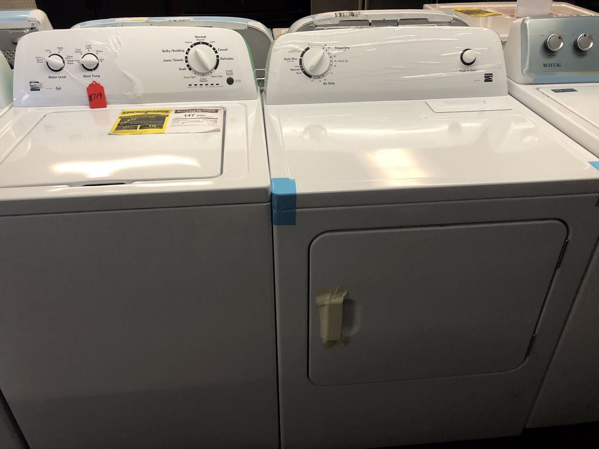 New scratch and dent kenmore high efficiency washer and dryer set. 1 year warranty