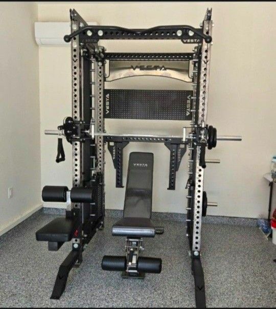 NEW Squat Rack Smith Machine Functional Trainer Cable Cross Over Adjustable Bench Press 45lb Barbell Bumper Plates Home Gym