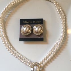 Necklace/Clip Earrings Pearl And Diamond