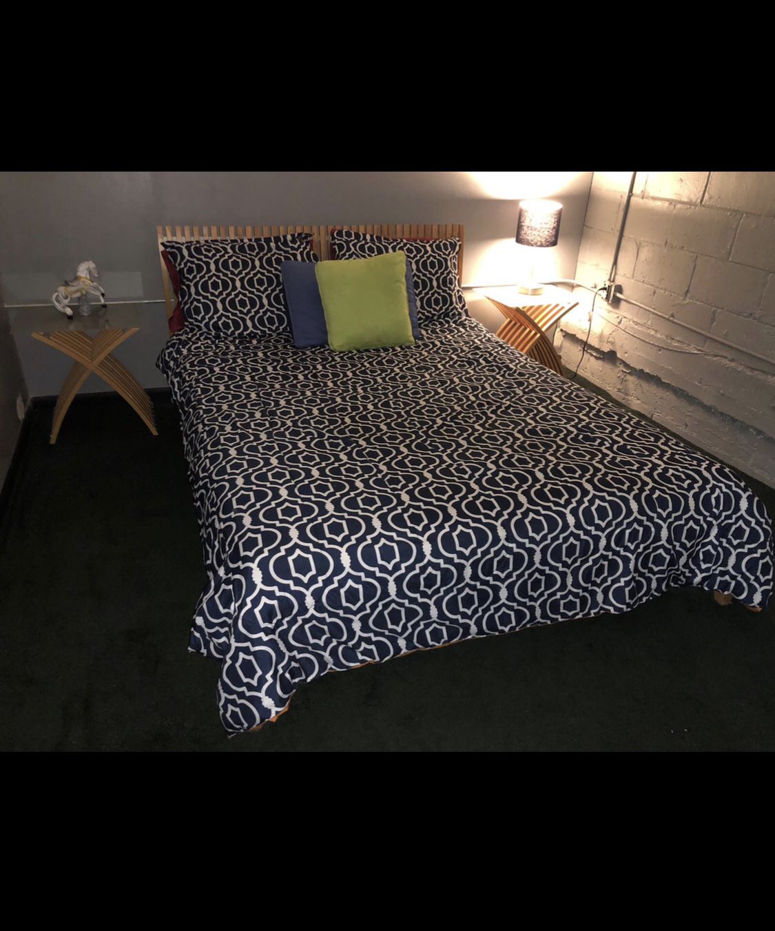IKEA platform Queen Bed, frame, mattress, and 2 end tables EXCELLENT SHAPE