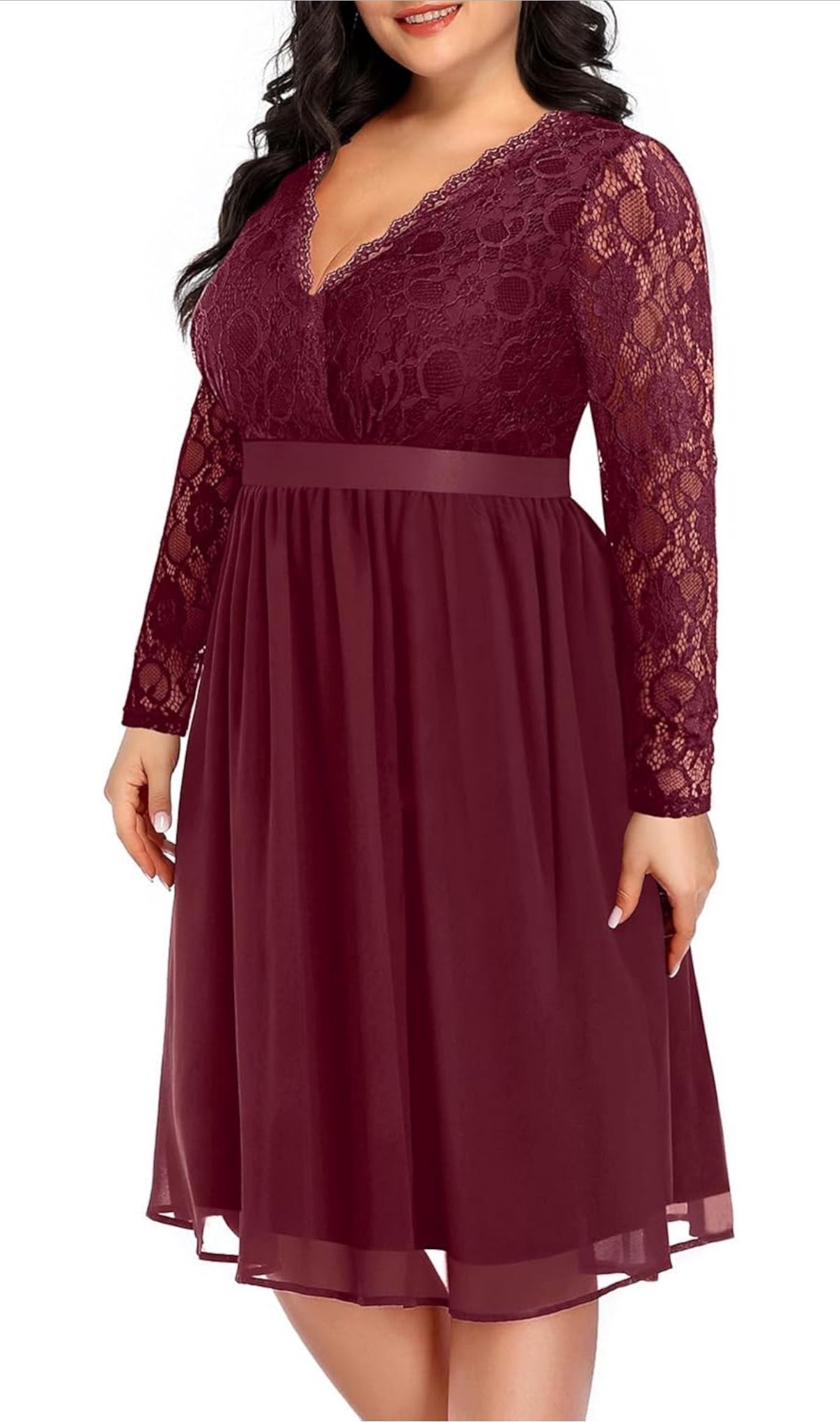 Pinup Fashion Plus Size Lace Chiffon Wrap V Neck Dresses Women Cocktail Wedding Guest Midi Dress