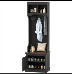 HOMCOM 3-in-1 Hall Tree with Shoe Storage, Bench, Five Hooks, Black Wood Grain, SKU:837-569V80BK