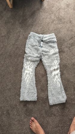Gray Fuzzy Flare Pants with Flame Print