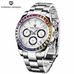 Pagani Design Silver Chronograph Watch with Rainbow Bezel men’s watch