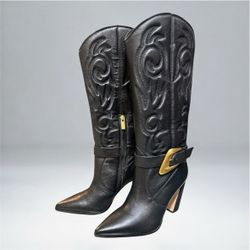 Vince Camuto Biancaa Knee-high Western Style Leather Boots - Black - 7.5 New