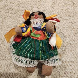 VINTAGE Small Mexican Indita Handmade Cloth Rag Doll w/ Dress & Braids w/ Ribbon
