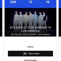 BTS ARIRANG CONCERT TICKETS SOFI STADIUM SATURDAY SEPTEMBER 5th 8:00 PM
