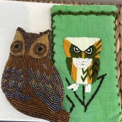 Vintage Lot2- Beaded Owl Coin Purse and Embroidered Owl Bag Sunglasses Glasses Pouch Mid Century Collectibles Knitted Bag 