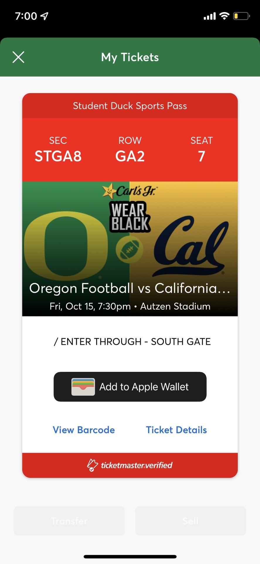 Student Ticket Oregon Vs California 