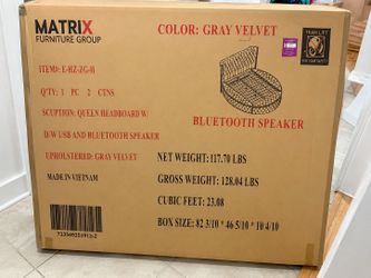 Queen Gray Velvet Headboard w/ Bluetooth Speaker & USB Ports (Headboard Only)