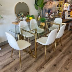6 People Glass Dining Set With Velvet Chairs