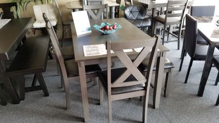 Brand new gray or brown dining set (Table: 60" x 36" x 30"H ; Chair: 18" x 21" x 39"H ; Bench: 50" x 16" x 19"H)