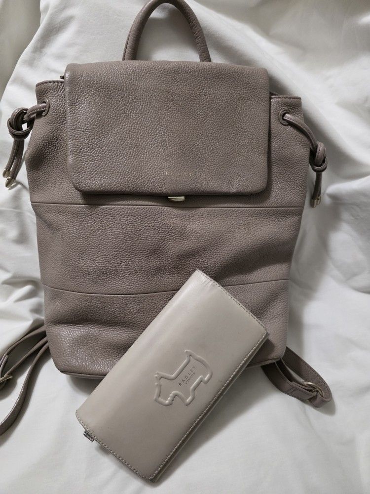 Radley Beige Leather Backpack Handbag With Wallet 