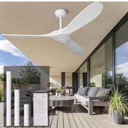 60 Inch White Ceiling Fan No Light ，Wood Indoor Outdoor Ceiling Fans for Patios Living Room Bedroom 