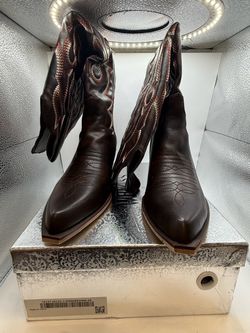 Wetkiss Dark Brown Faux Leather 2" Heel Knee High Cowboy Boots (US9)