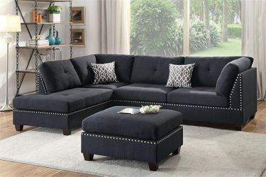 Reversible Sectional Set with Ottoman- Linen-Like Fabric Black Color