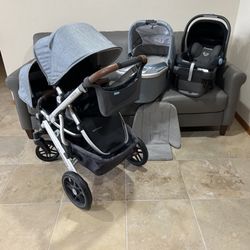 Uppababy Vista V2 Double Stroller with car seat and bassinet light blue 