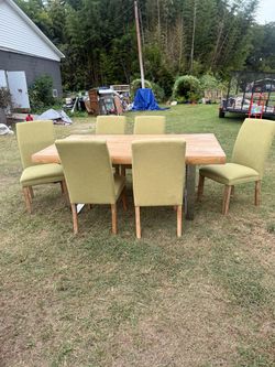 Modern Industrial Oak Dining Set – Thick Wood Table with Metal Base & 6 Green Upholstered Chairs