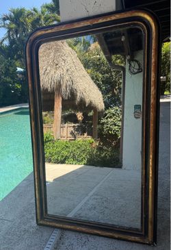 Large 55” Tall × 33” Wide 19th Century French Louis Philippe Wall Mirror – Black & Gold with Floral Details – Miami Pickup