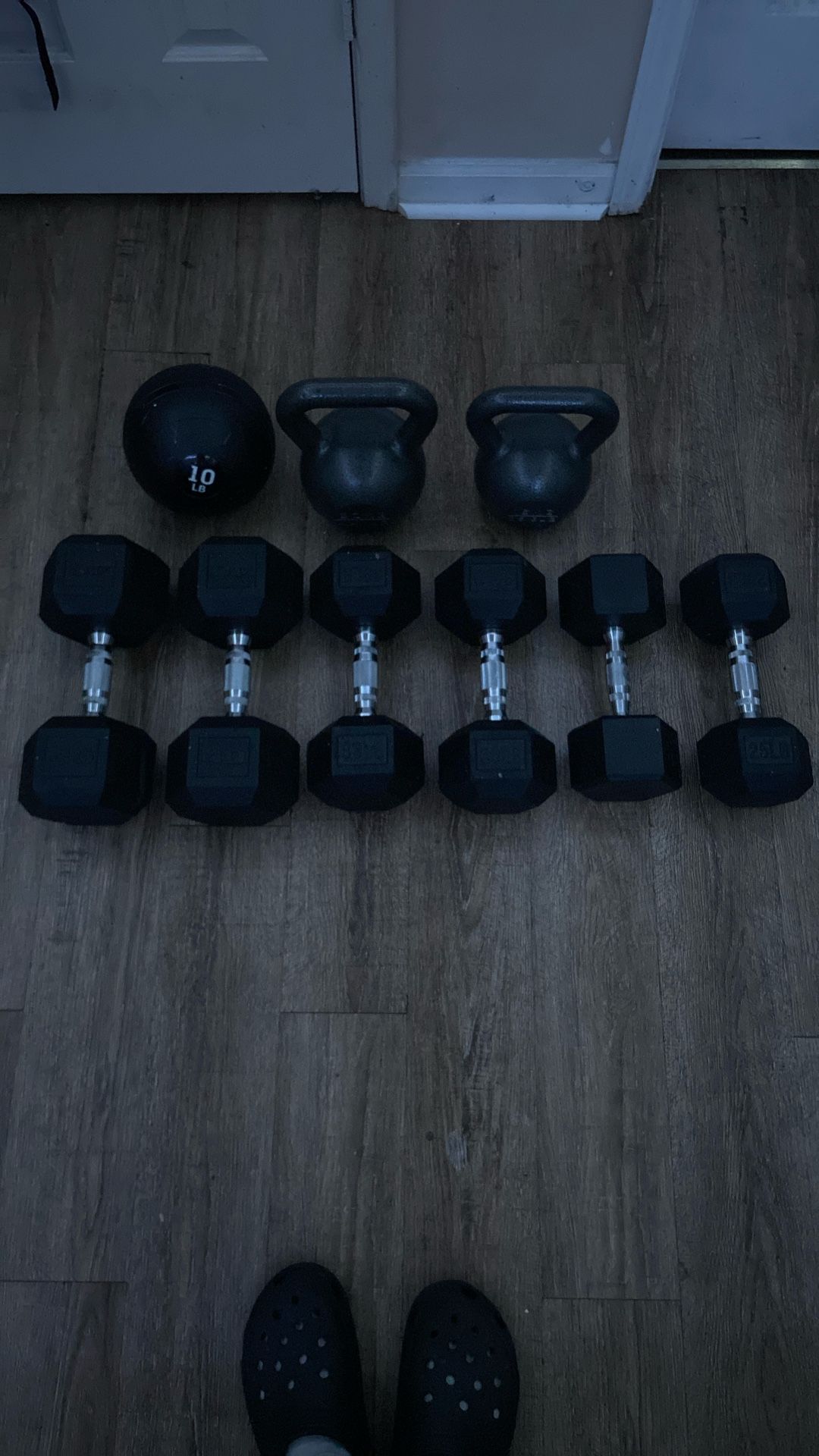3 set of dumbells/ 2 kettlebells / 10lbs medicine ball