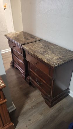 Marble Top Nightstand Set Of 2 With Ornate Solid Wood And 3 Drawers 