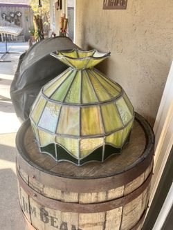 Vtg 1960s Green Slag Stained Glass Hanging Swag Lamp Pendant Light