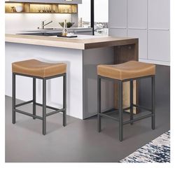 MoNiBloom 26.5 Inch Counter Height Stools Upholstered Saddle Barstools for Kitchen Dining Room Café, Set of 2, Camel Color