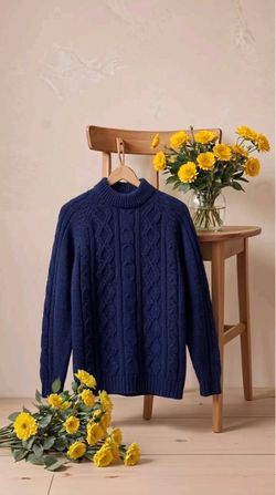 Vintage Cable Knit Navy Blue  Pullover Sweater Hand Loomed Hand Full Fashion Sport Medium
