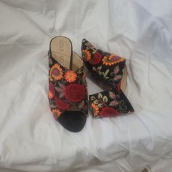 Soul Society Embroidered Mule Luella Slip-on Sandals Chunky Block Heels Brand New