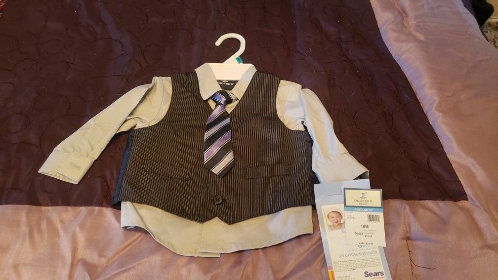 New 18 month 3 piece dress shirt vest tie