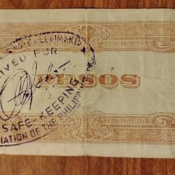 Japanese Occupation Post WWII Philippines: 5 Pesos 1943 w/overprint bill banonote currency 
