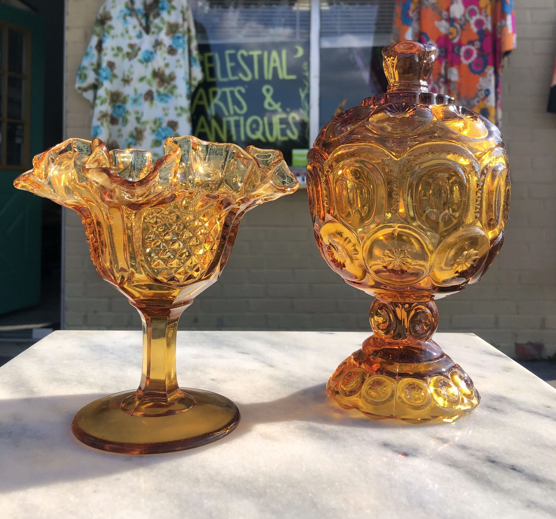 Vintage Fenton Amber Ruffled Pedestal Art Glass
