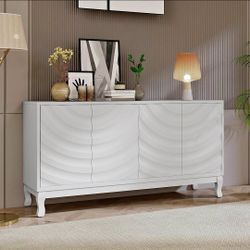 White Elegant Sideboard Featuring Sophisticated Wavy Pattern Doors with Arched Groove Design in A Stylish