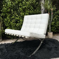 Mid Century Modern Knoll Barcelona Lounge Chair White Leather Chrome
