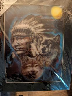 3D lenticular poster depicting a Native American chief and wolves