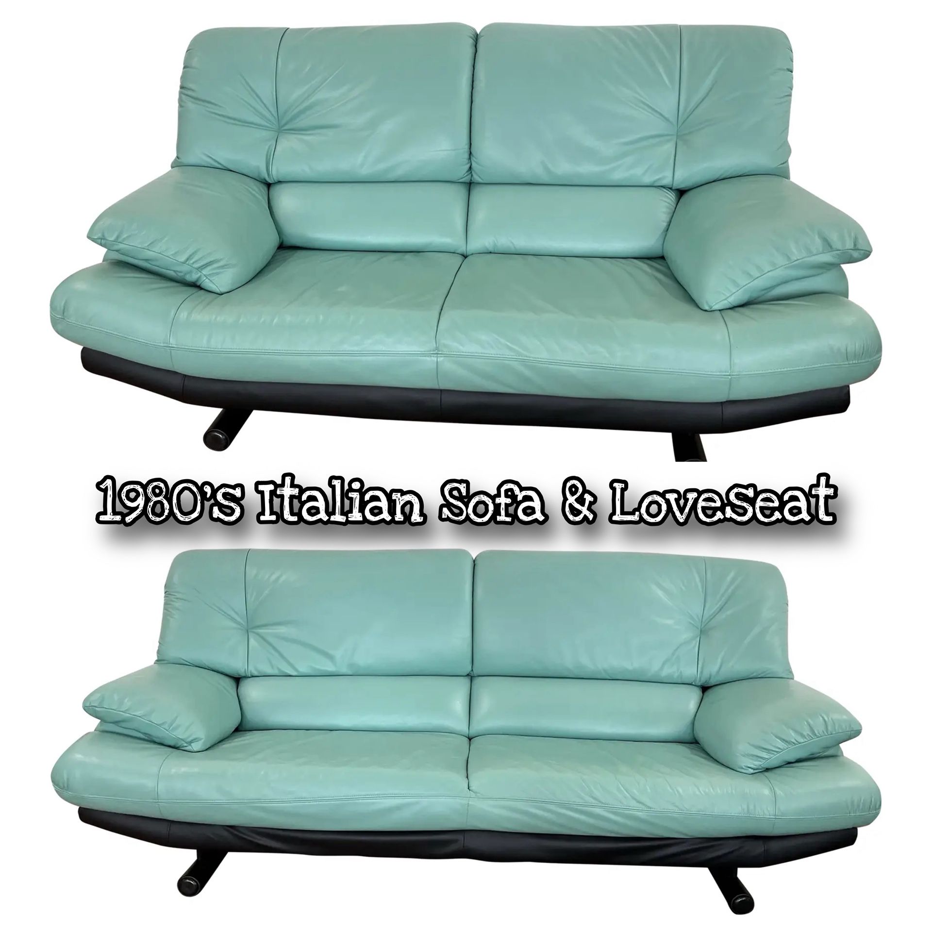 Vintage 1980’s Italian Turquoise Sofa & Loveseat In Style Of Nicoletti Salotti & Natuzzi