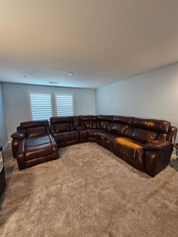 Large Brown Leather Reclining Sectional Sofa