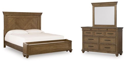 Karallin Medium Brown Queen Panel Storage Bed, Dresser and Mirror