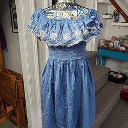 SHEEN DENIM LOOK OFF THE SHOULDER DRESS