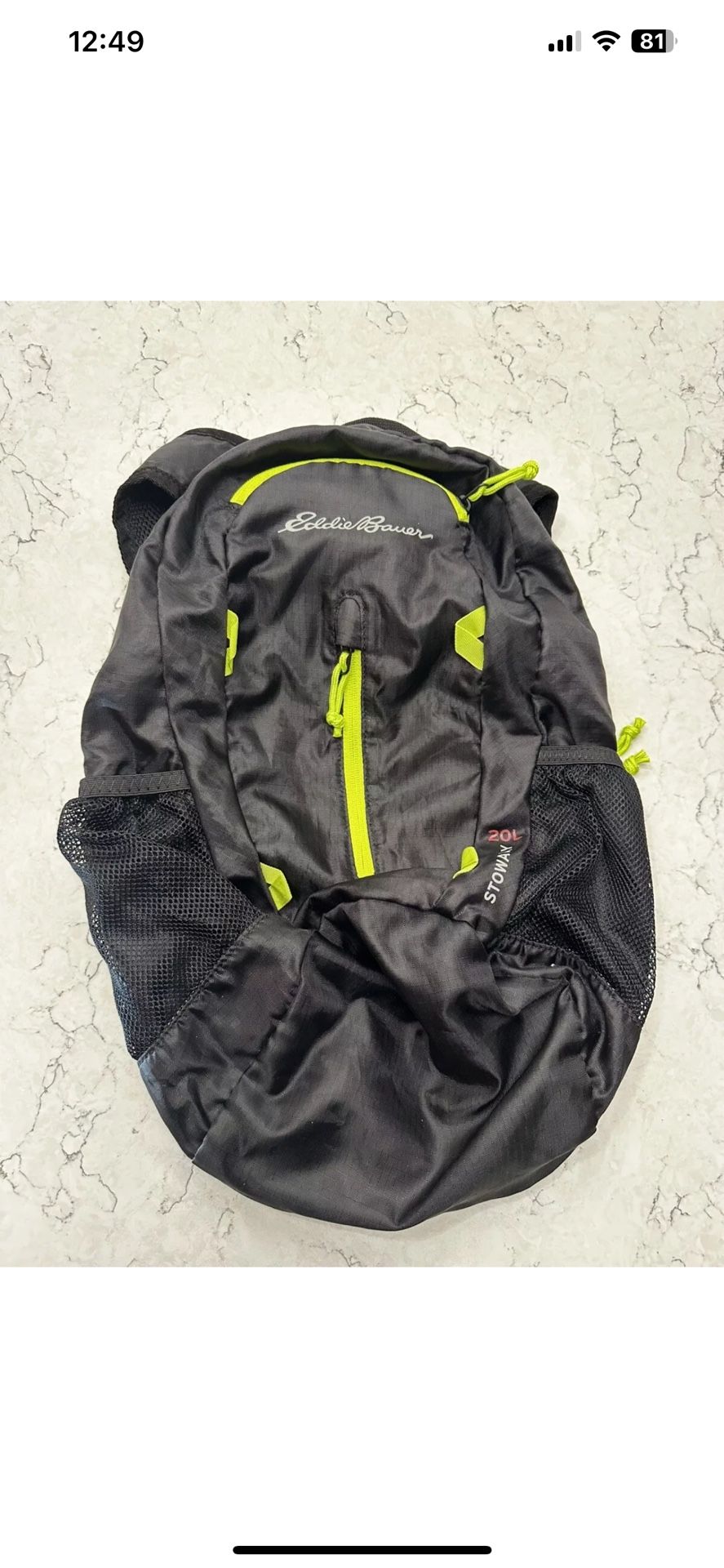 Eddie Bauer Stowaway 20L Packable Backpack Black Green Trim Adult Hiking Travel