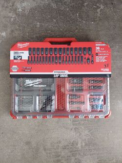 New Milwaukee SHOCKWAVE Impact Duty 3/8" Deep Well PACKOUT Socket Set 36-Piece.