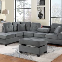 Brand New Grey Sectional Sofa w Storage Ottoman 