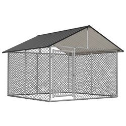 7.5'x7.5' Outdoor Heavy Duty Dog Kennel for Large Dogs, Rust-Proof Coated Wire Mesh Dog Cage with Sturdy Metal Roof, Secure Lock & All Weather Metal E