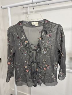 J Jill Gray Floral Embroidered Nylon Mesh Front Tie Sheer Long Sleeve Top Sz XS