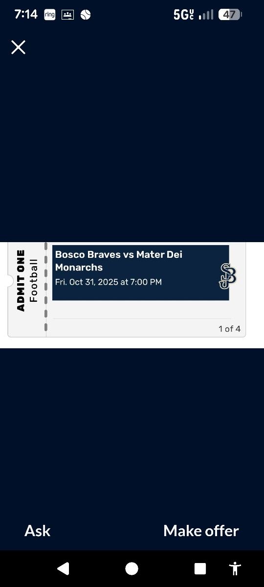 St John Bosco vs Mater Dei, 10/31 7pm - One Adult Ticket One Child Ticket