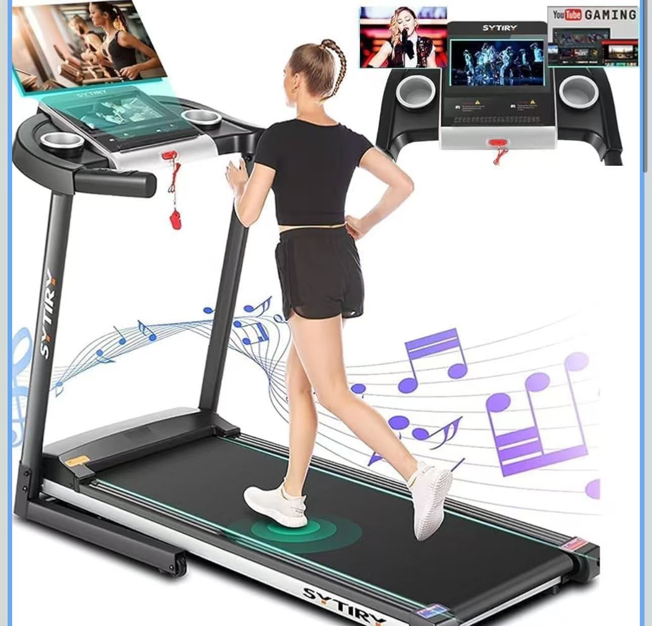 SYTIRY Treadmills for Home with TV Screen and WiFi,Smart Foldable Treadmill Machine,3D Virtual Sports Scene,HiFi Speakers,Popular APP for Social Netwo