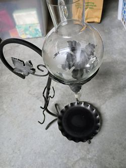 European Wine Decanter - Etched Glass with Spout, Handmade Wrought Iron Stand (Made In Europe)